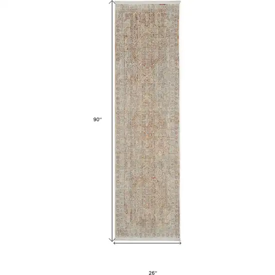 8' Brick Red Gray And Cream Floral Non Skid Runner Rug With Fringe Photo 8