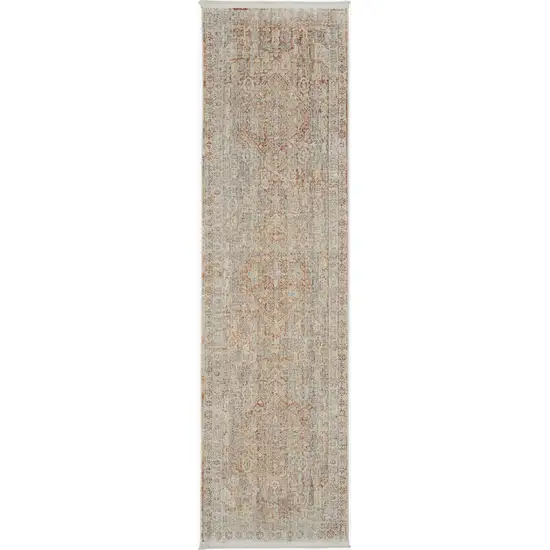 8' Brick Red Gray And Cream Floral Non Skid Runner Rug With Fringe Photo 3