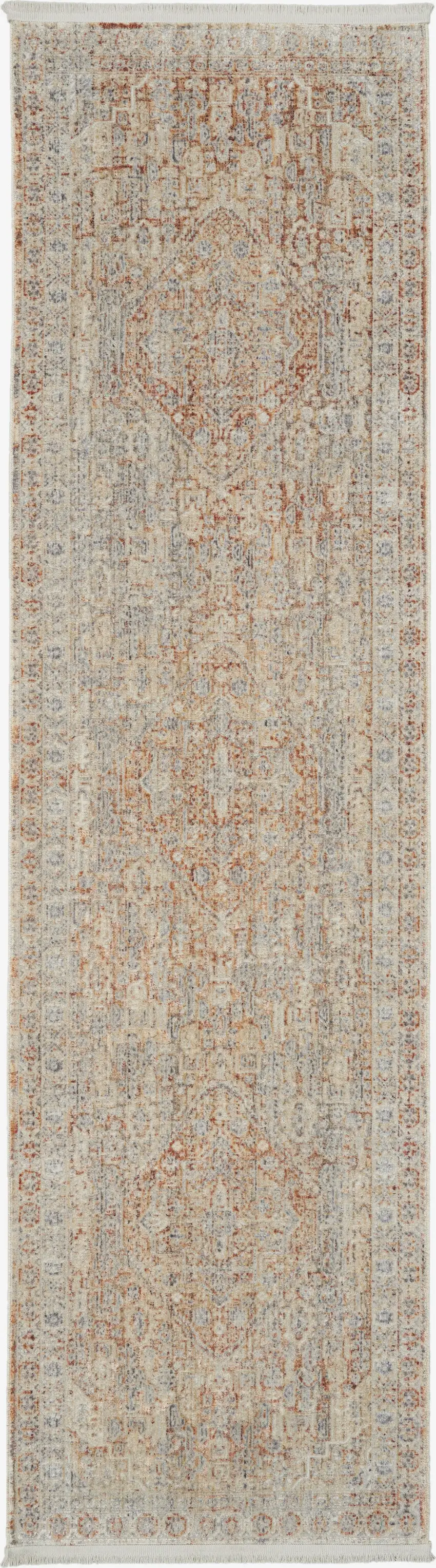 8' Brick Red Gray And Cream Floral Non Skid Runner Rug With Fringe Photo 3