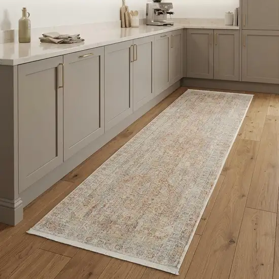 8' Brick Red Gray And Cream Floral Non Skid Runner Rug With Fringe Photo 1