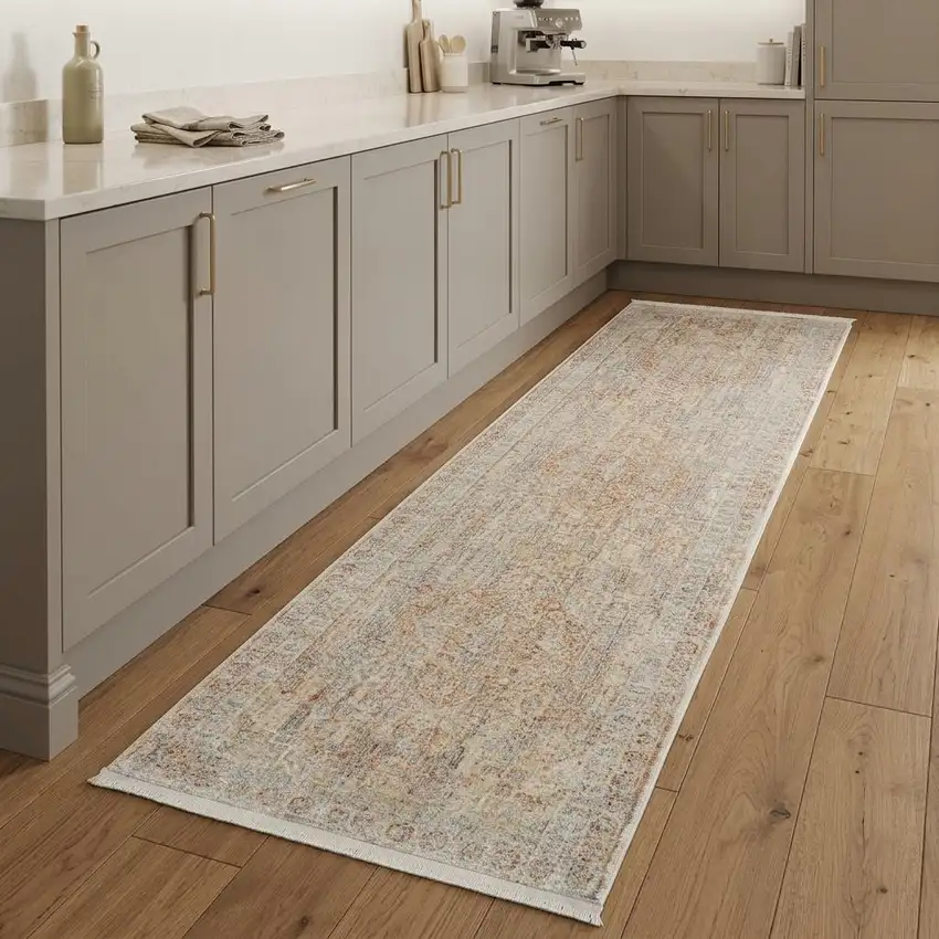 8' Brick Red Gray And Cream Floral Non Skid Runner Rug With Fringe Photo 1