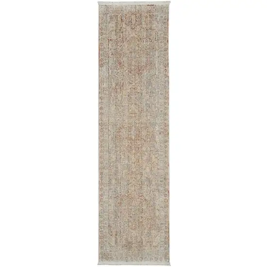 8' Brick Red Gray And Cream Floral Non Skid Runner Rug With Fringe Photo 2