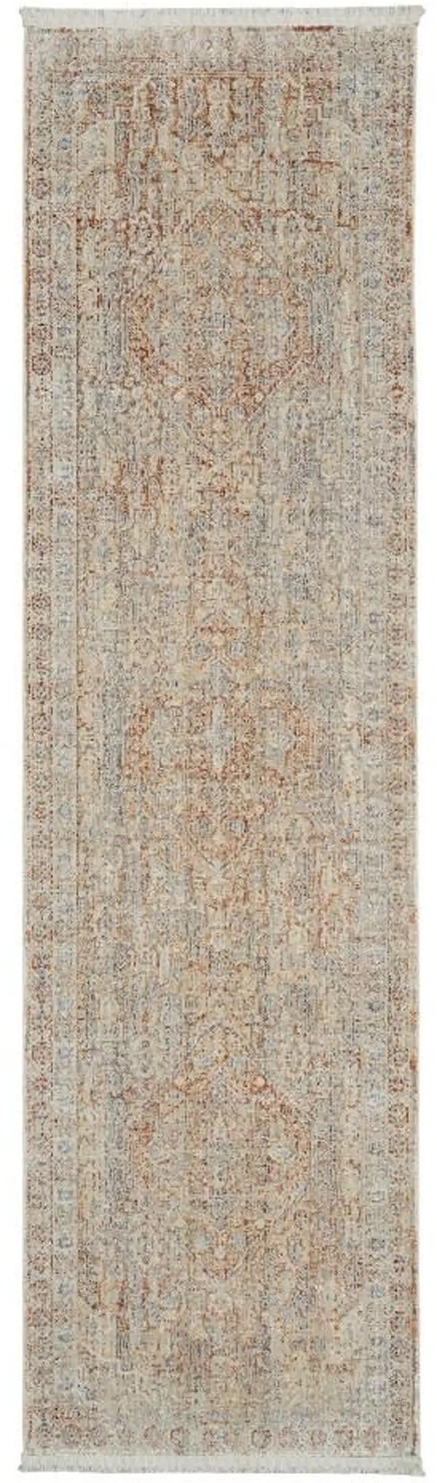 8' Brick Red Gray And Cream Floral Non Skid Runner Rug With Fringe Photo 2