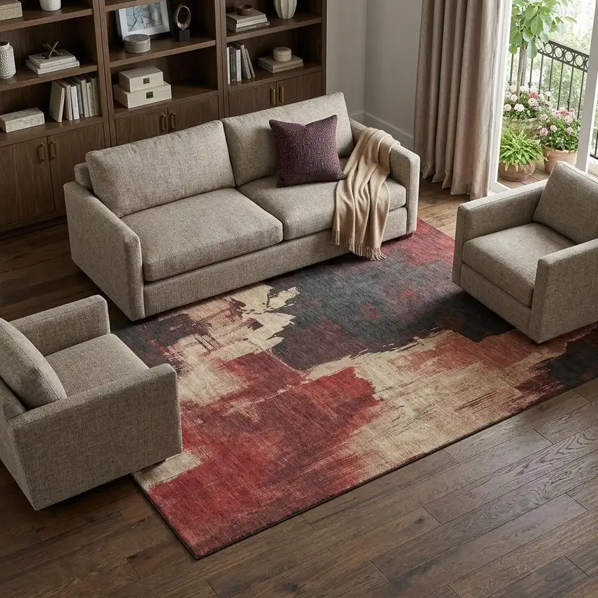 8' Brick Red Mauve And Beige Abstract Washable Area Rug With UV Protection Photo 1