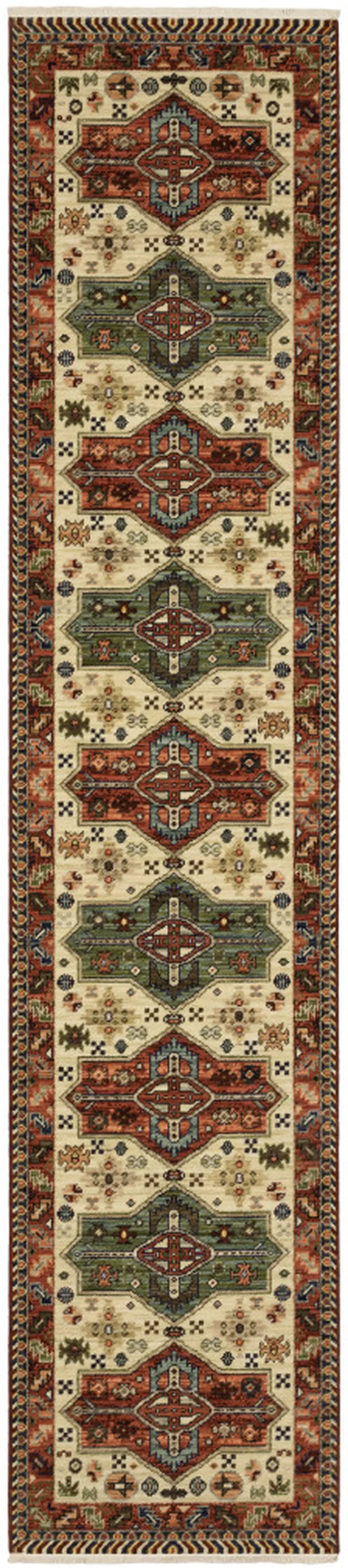 12' Brick Red Orange Rust Beige Gold Pale Blue Olive Navy And Black Oriental Power Loom Runner Rug With Fringe Photo 1