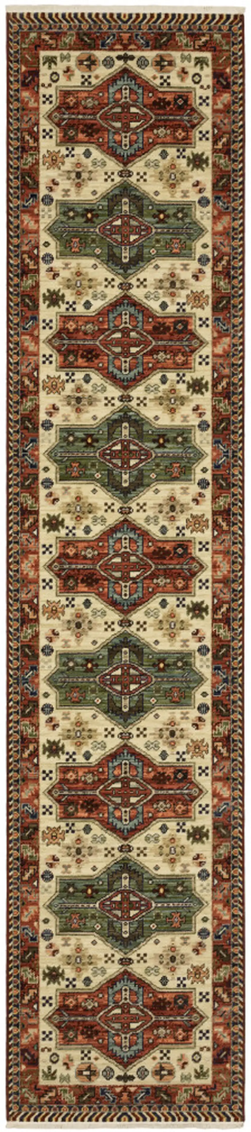 12' Brick Red Orange Rust Beige Gold Pale Blue Olive Navy And Black Oriental Power Loom Runner Rug With Fringe Photo 1