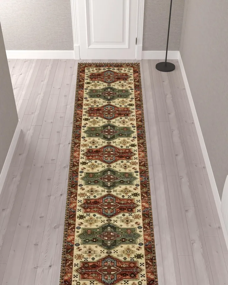 12' Brick Red Orange Rust Beige Gold Pale Blue Olive Navy And Black Oriental Power Loom Runner Rug With Fringe Photo 2