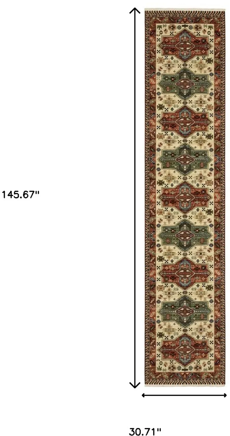 12' Brick Red Orange Rust Beige Gold Pale Blue Olive Navy And Black Oriental Power Loom Runner Rug With Fringe Photo 2