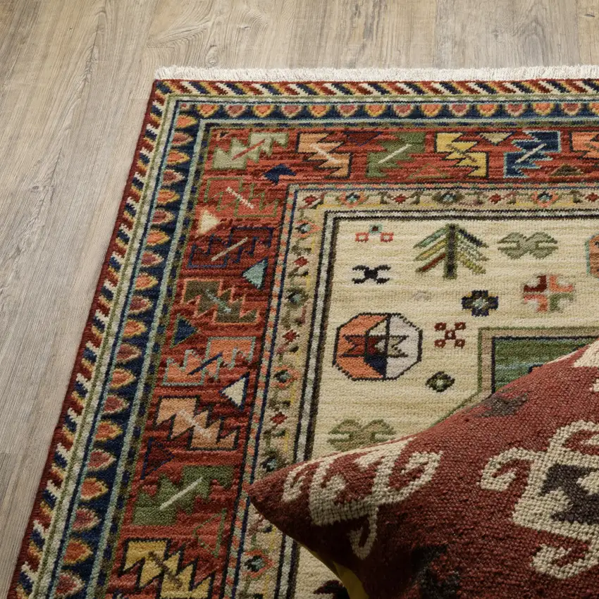 12' Brick Red Orange Rust Beige Gold Pale Blue Olive Navy And Black Oriental Power Loom Runner Rug With Fringe Photo 6