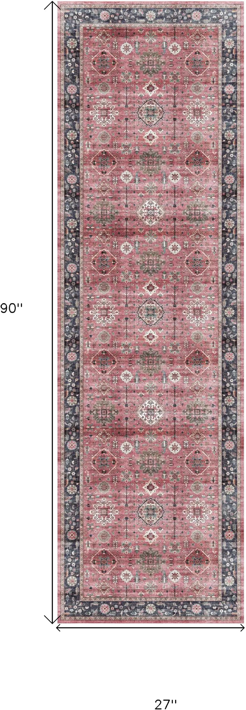 8' Brick Red and Black Oriental Distressed Non Skid Runner Rug Photo 3