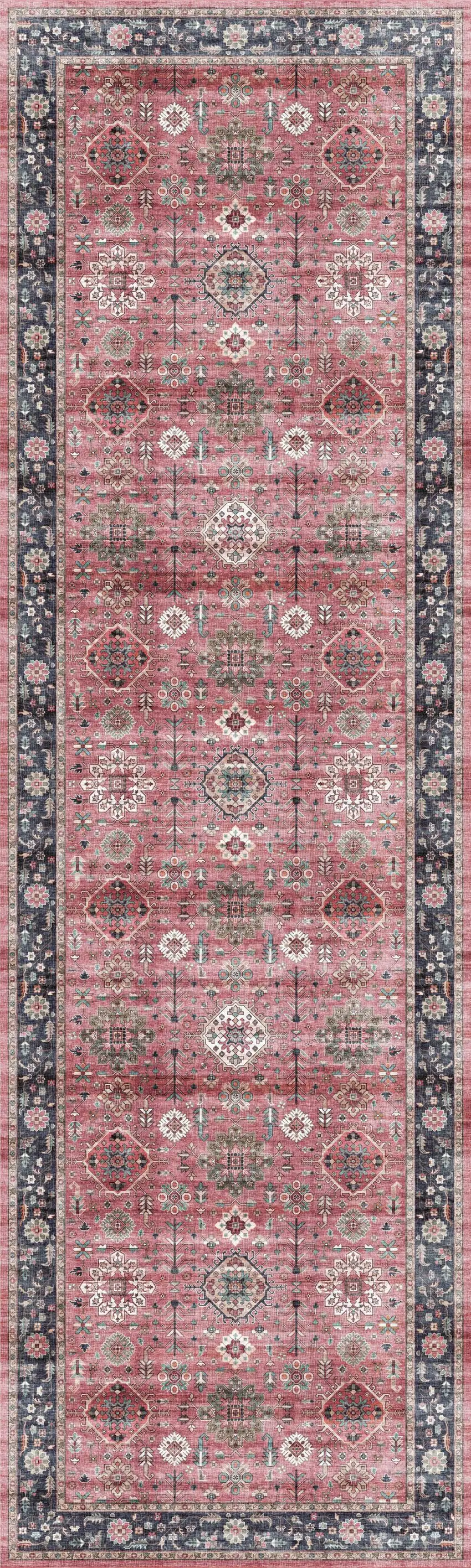 8' Brick Red and Black Oriental Distressed Non Skid Runner Rug Photo 2