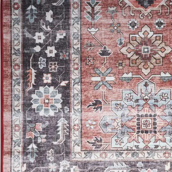 8' Brick Red and Black Oriental Distressed Non Skid Runner Rug Photo 3