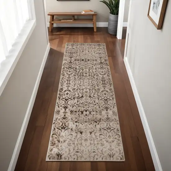 8' Beige And Black Floral Vines Runner Rug Photo 1
