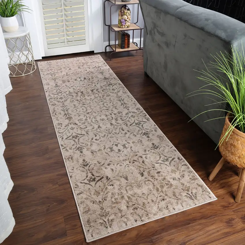8' Bronze Floral Vines Power Loom Stain Resistant Runner Rug Photo 5