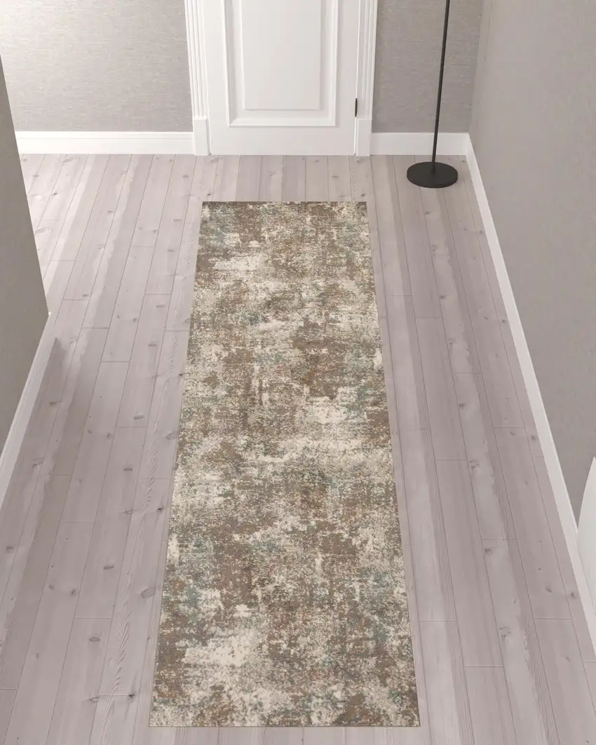 10' Brown Abstract Power Loom Runner Rug Photo 2