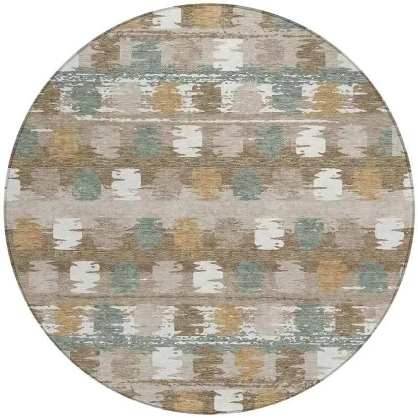 8' Brown And Aqua Round Abstract Washable Indoor Outdoor Area Rug Photo 6