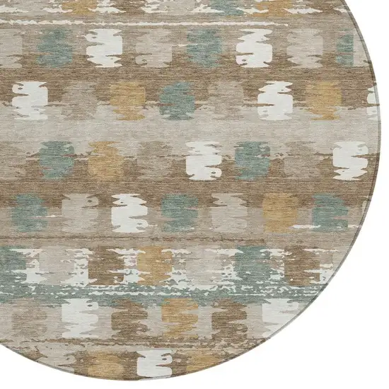 8' Brown And Aqua Round Abstract Washable Indoor Outdoor Area Rug Photo 5