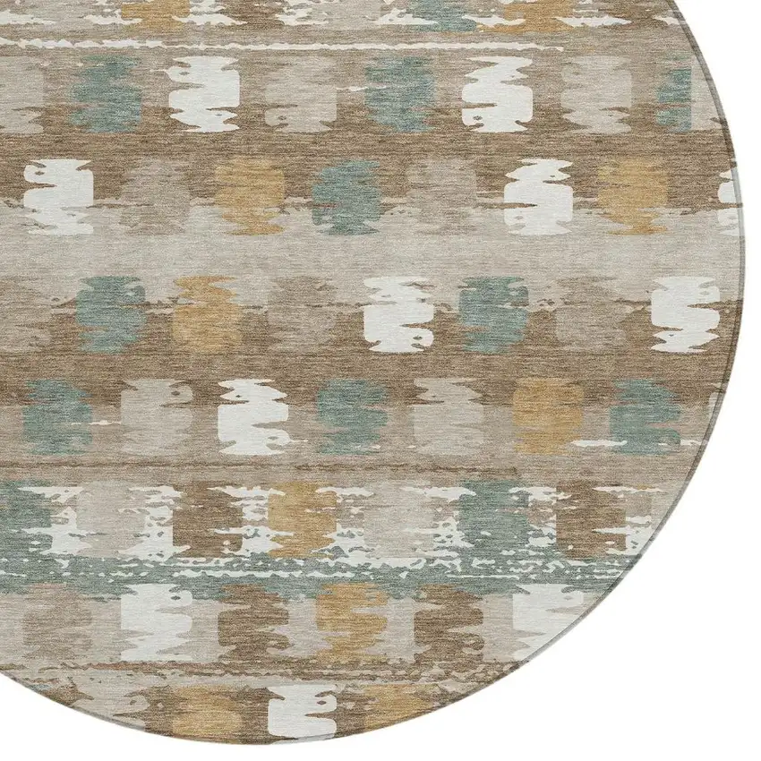 8' Brown And Aqua Round Abstract Washable Indoor Outdoor Area Rug Photo 5