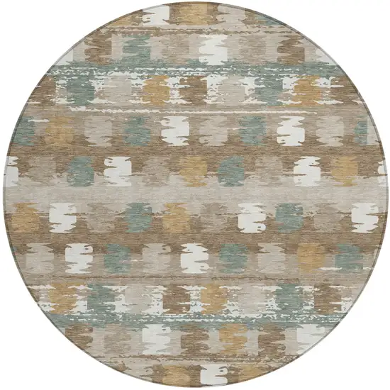 8' Brown And Aqua Round Abstract Washable Indoor Outdoor Area Rug Photo 2