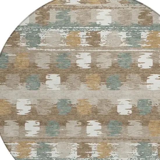 8' Brown And Aqua Round Abstract Washable Indoor Outdoor Area Rug Photo 3