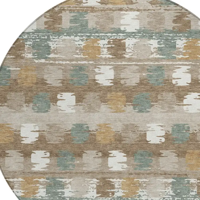 8' Brown And Aqua Round Abstract Washable Indoor Outdoor Area Rug Photo 3
