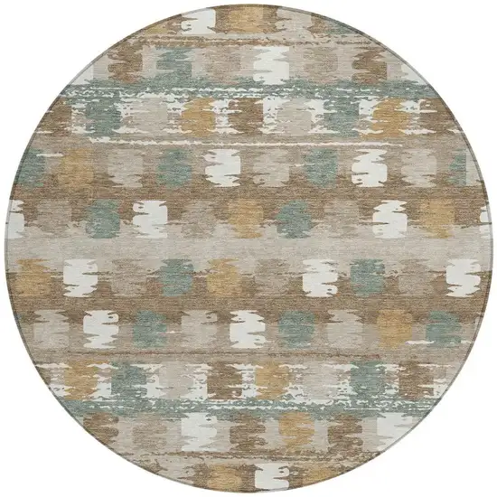 8' Brown And Aqua Round Abstract Washable Indoor Outdoor Area Rug Photo 4