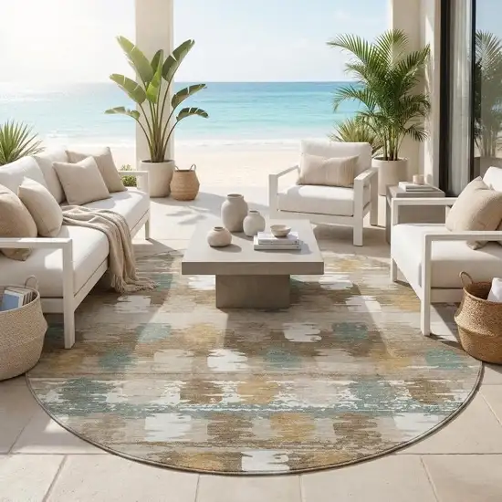 8' Brown And Aqua Round Abstract Washable Indoor Outdoor Area Rug Photo 1