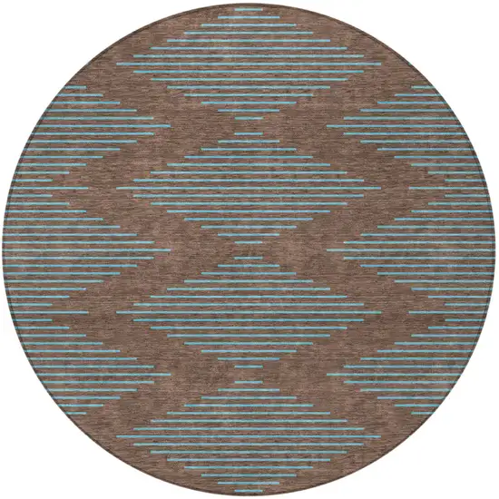 8' Brown And Aqua Round Geometric Washable Indoor Outdoor Area Rug Photo 5