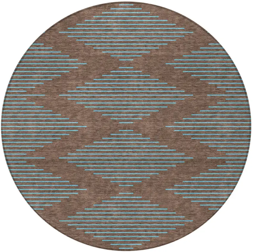 8' Brown And Aqua Round Geometric Washable Indoor Outdoor Area Rug Photo 5