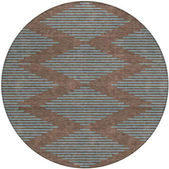 8' Brown And Aqua Round Geometric Washable Indoor Outdoor Area Rug Photo 2