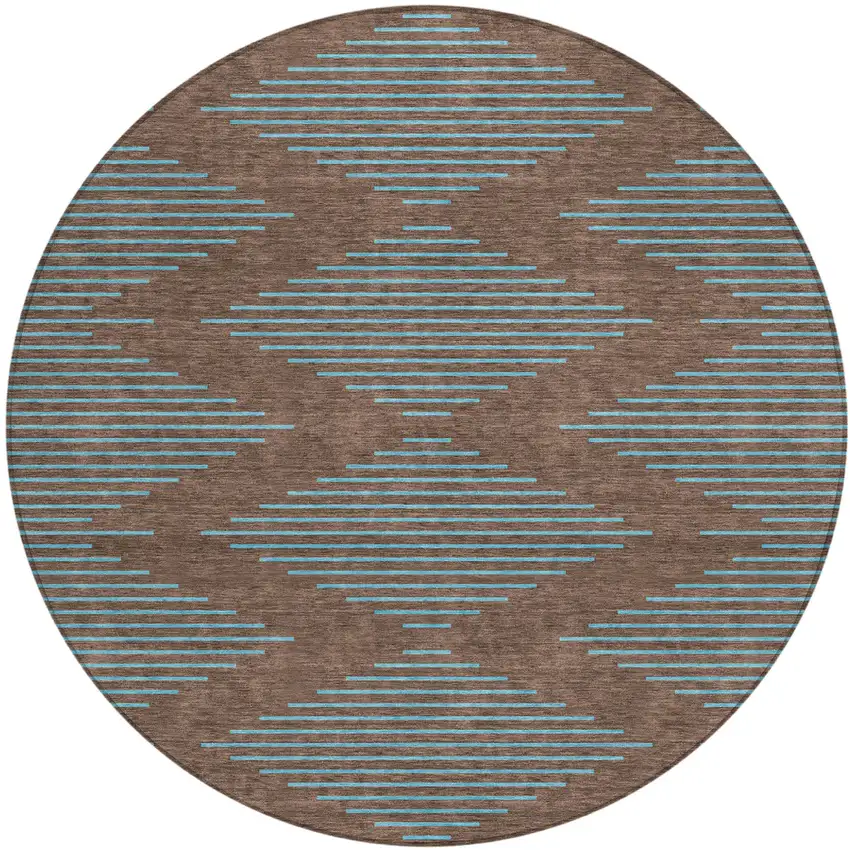 8' Brown And Aqua Round Geometric Washable Indoor Outdoor Area Rug Photo 2