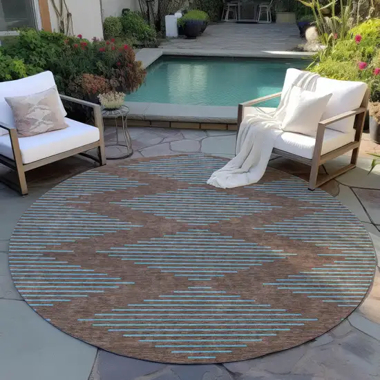 8' Brown And Aqua Round Geometric Washable Indoor Outdoor Area Rug Photo 6