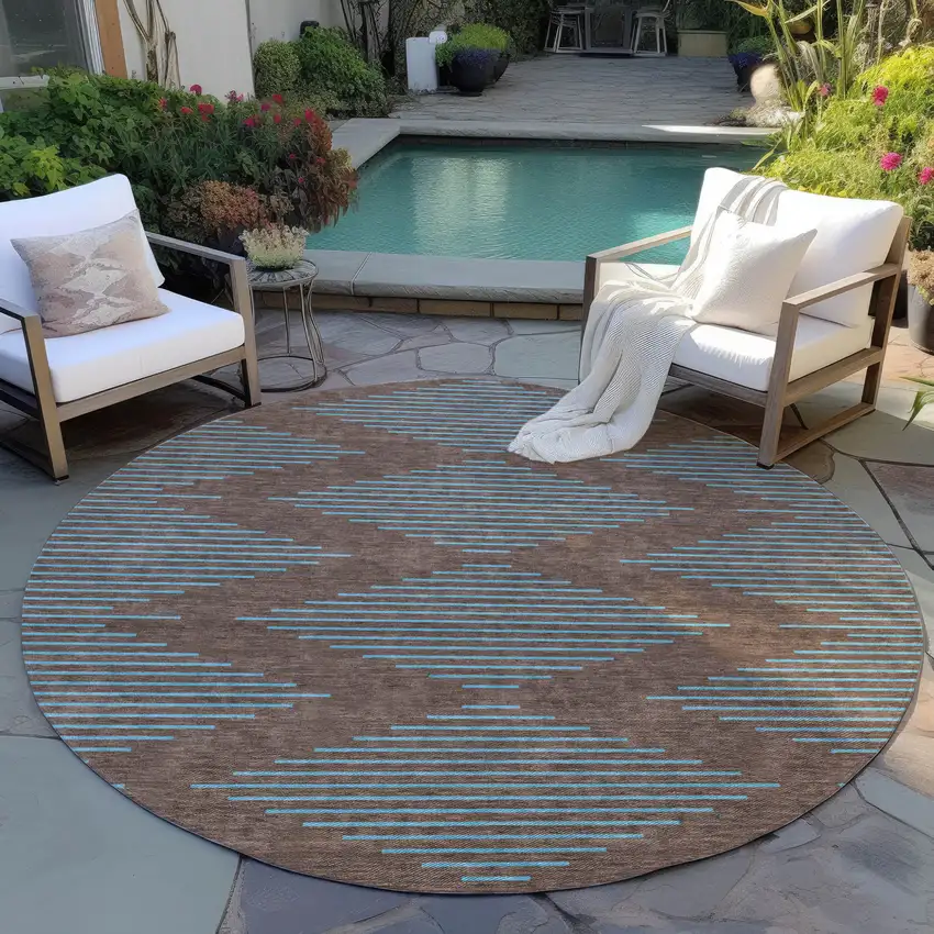 8' Brown And Aqua Round Geometric Washable Indoor Outdoor Area Rug Photo 6
