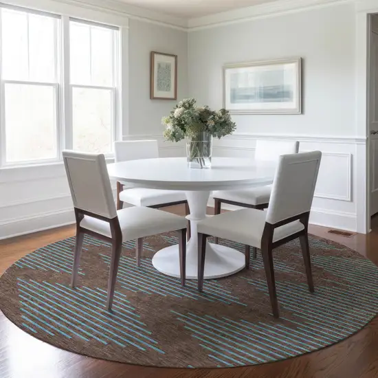 8' Brown And Aqua Round Geometric Washable Indoor Outdoor Area Rug Photo 7