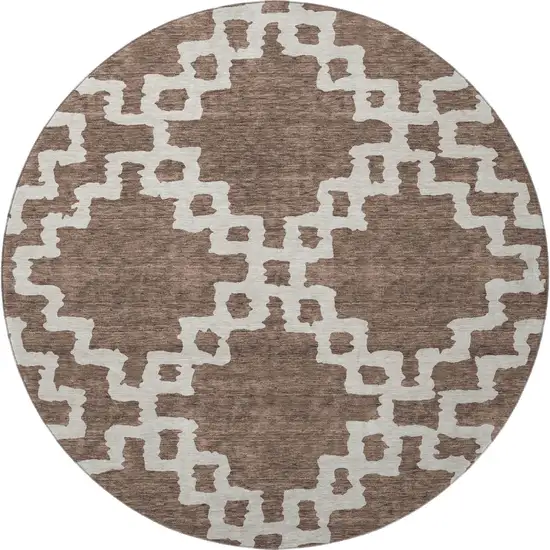 8' Brown And Beige Abstract Geometric Washable Round Rug With UV Protection Photo 4