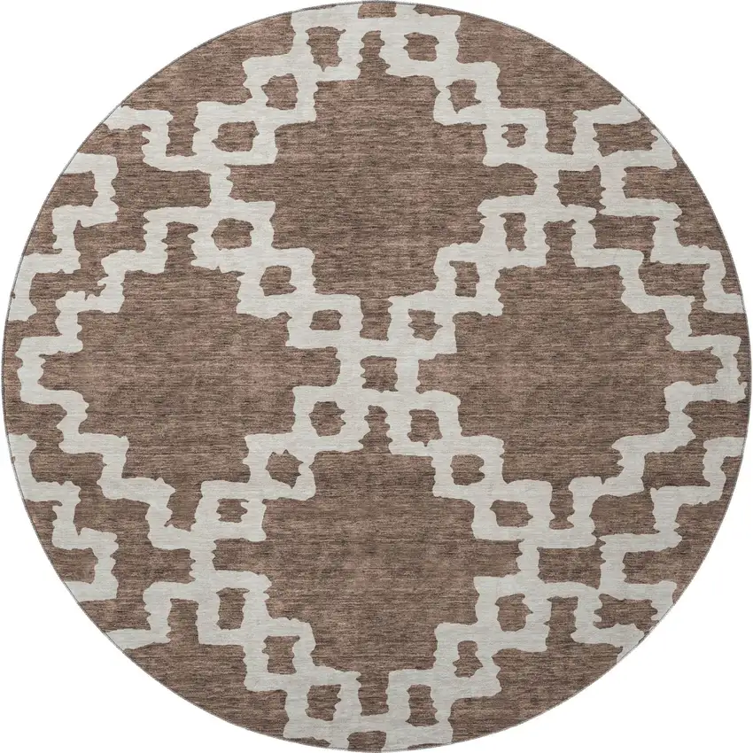 8' Brown And Beige Abstract Geometric Washable Round Rug With UV Protection Photo 4