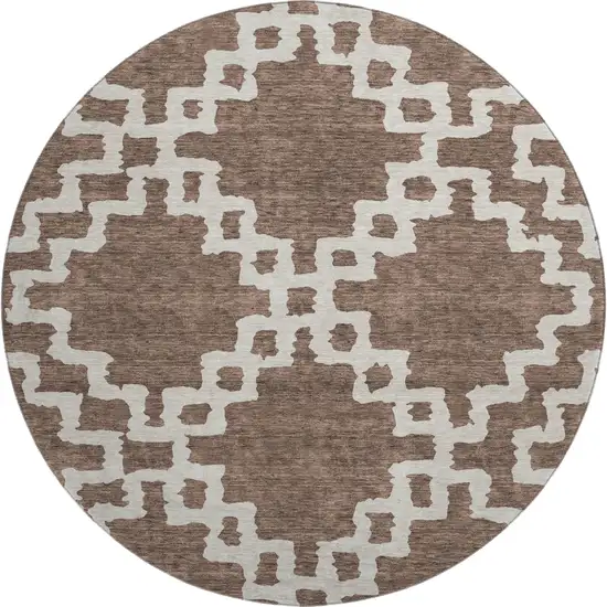 8' Brown And Beige Abstract Geometric Washable Round Rug With UV Protection Photo 1