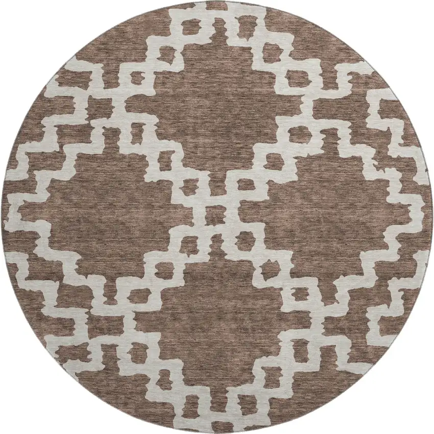 8' Brown And Beige Abstract Geometric Washable Round Rug With UV Protection Photo 1
