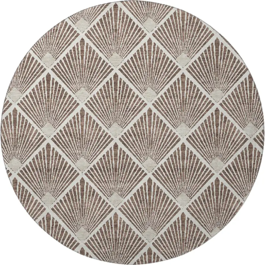8' Brown And Beige Abstract Geometric Washable Round Rug With UV Protection Photo 3
