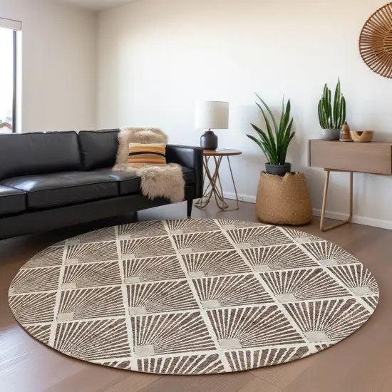 8' Brown And Beige Abstract Geometric Washable Round Rug With UV Protection Photo 4