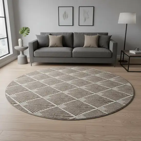 8' Brown And Beige Abstract Geometric Washable Round Rug With UV Protection Photo 2