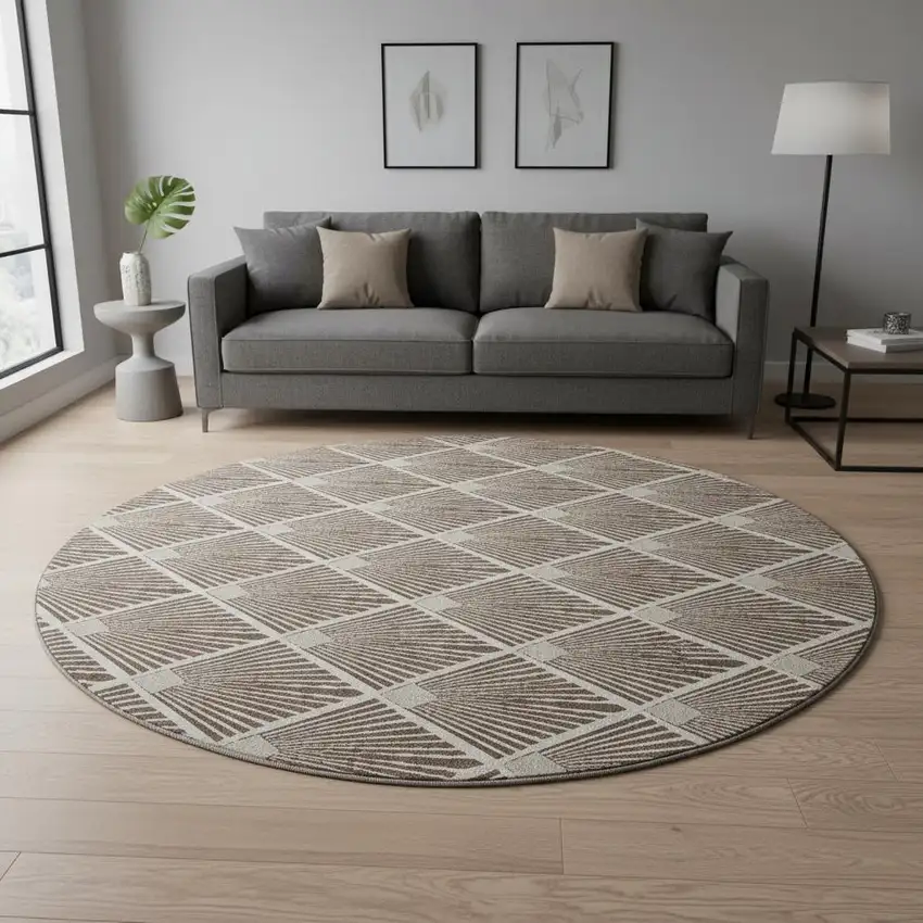 8' Brown And Beige Abstract Geometric Washable Round Rug With UV Protection Photo 2