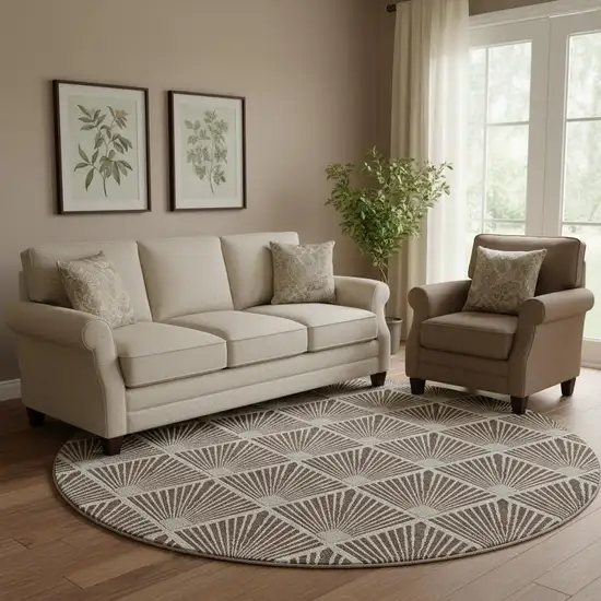 8' Brown And Beige Abstract Geometric Washable Round Rug With UV Protection Photo 1