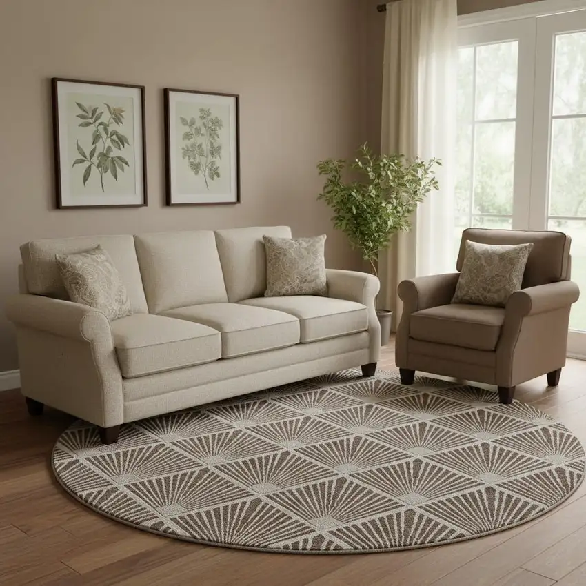 8' Brown And Beige Abstract Geometric Washable Round Rug With UV Protection Photo 1