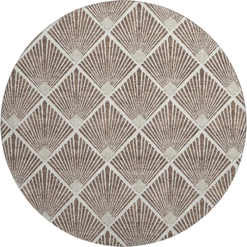 8' Brown And Beige Abstract Geometric Washable Round Rug With UV Protection Photo 1