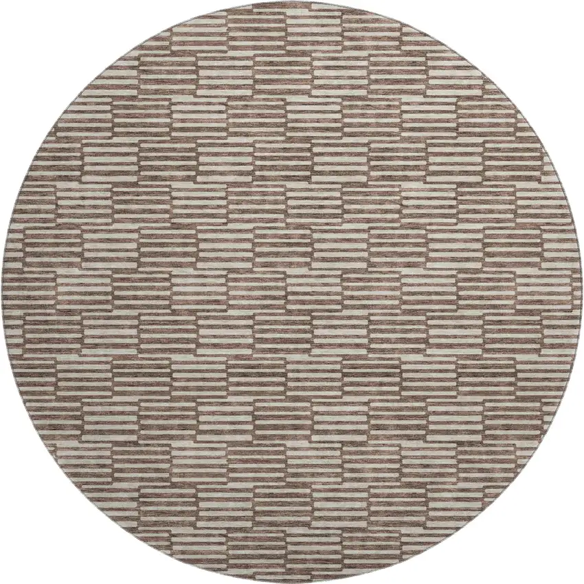 8' Brown And Beige Abstract Geometric Washable Round Rug With UV Protection Photo 1
