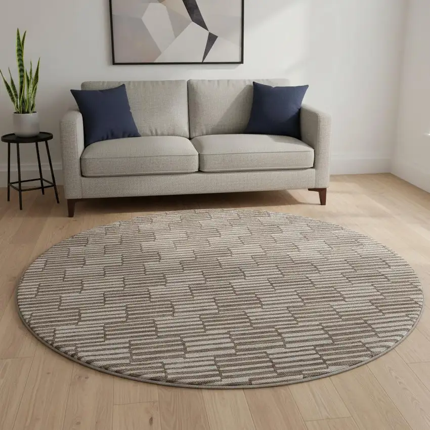 8' Brown And Beige Abstract Geometric Washable Round Rug With UV Protection Photo 2