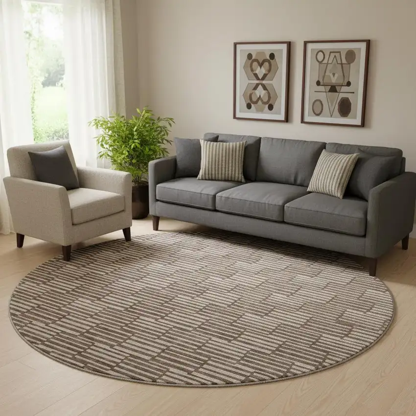 8' Brown And Beige Abstract Geometric Washable Round Rug With UV Protection Photo 1