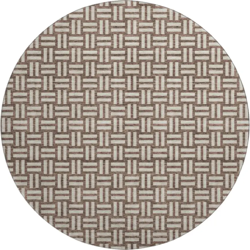 8' Brown And Beige Abstract Geometric Washable Round Rug With UV Protection Photo 1