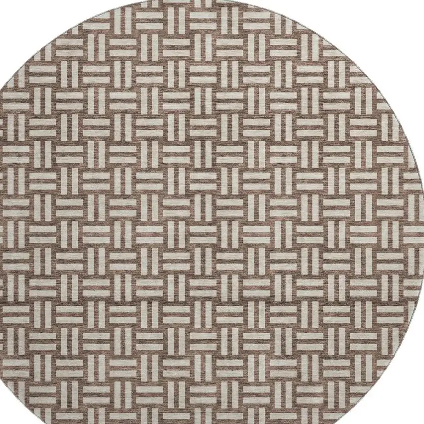 8' Brown And Beige Abstract Geometric Washable Round Rug With UV Protection Photo 3